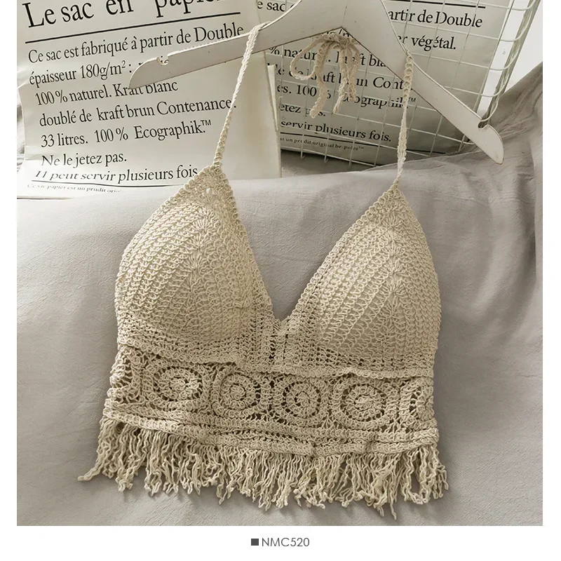 Sexy Beach Holiday Camisole Halter Women Crochet Knit Swimsuit Bra Backless Vest Hollow Tassel Tank Top Women\'s Crop Tops