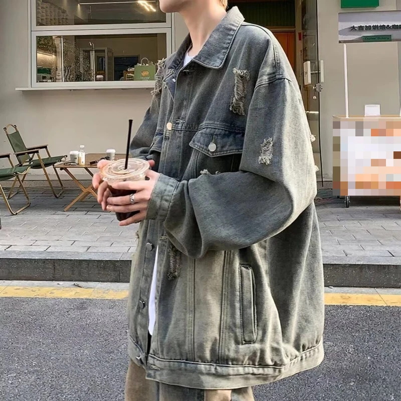 Washed Ripped Denim Jacket for Men, Spring Autumn Trendy Cool Casual Outerwear, Stylish Fashion Streetwear Hip Hop Jackets