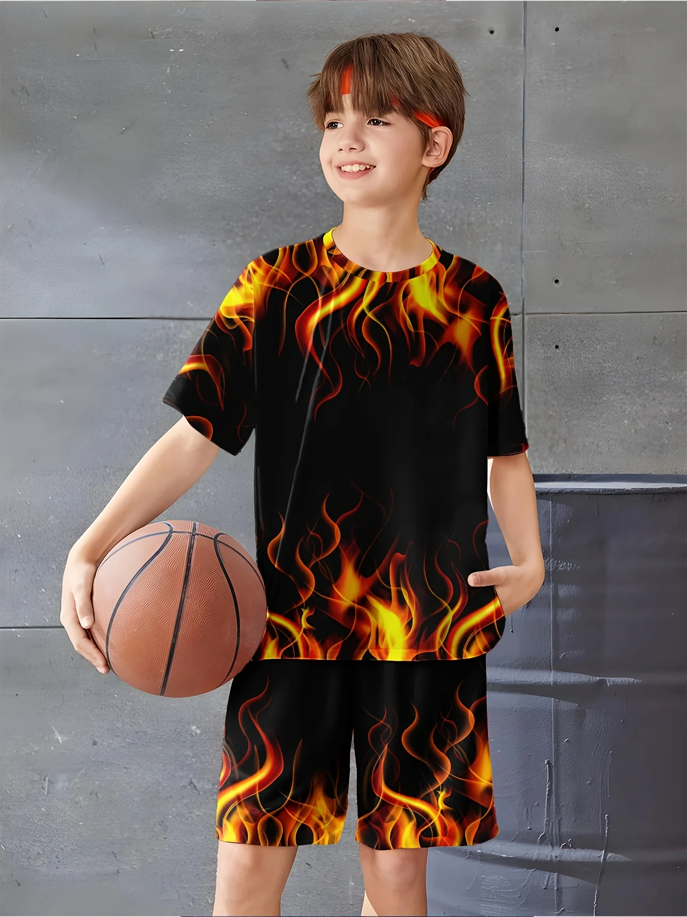 3D Flame Printed Casual Clothing T-shirt and Shorts Set with Bright Colors Suitable for Summer Clothing