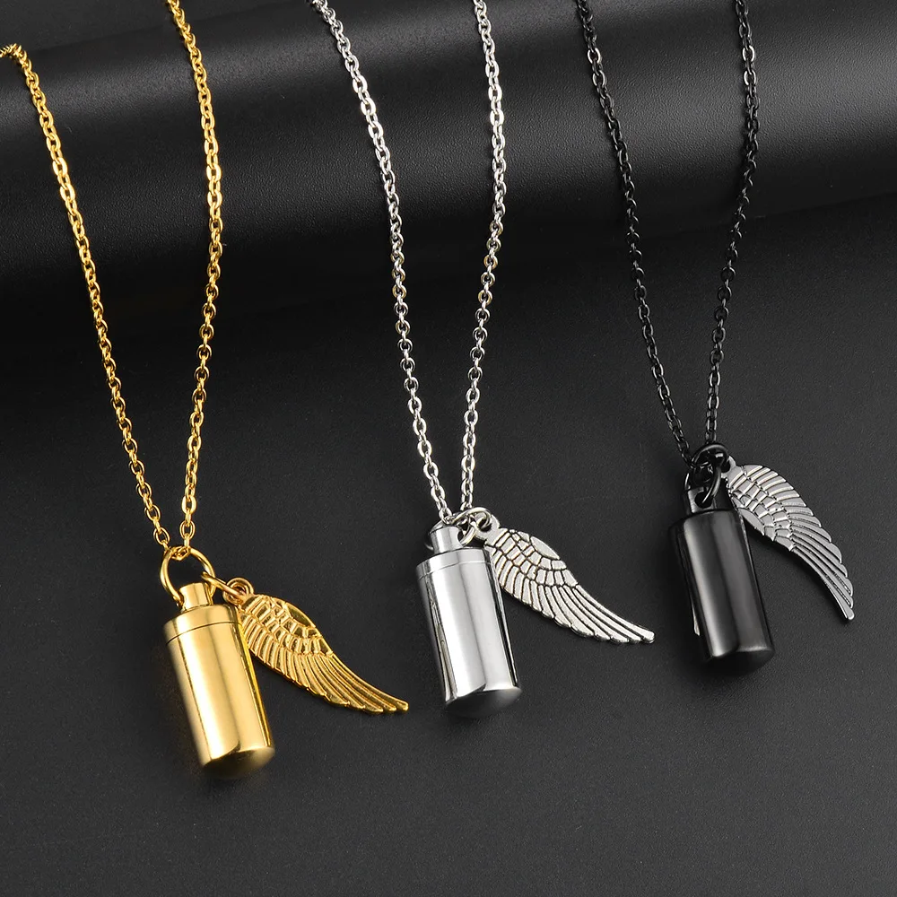 High Quality Stainless Steel Capsule Style Necklace Angel\'s Wing Tag Open Ashes Urn Lockets Commemorate Loved Ones Pendant Gift