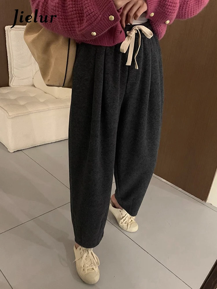 

Jielur Simple Casual Loose Elastic Waist Female Harem Pants Fashion Office Lady Solid Color Pockets Women Trousers Grey Apricot