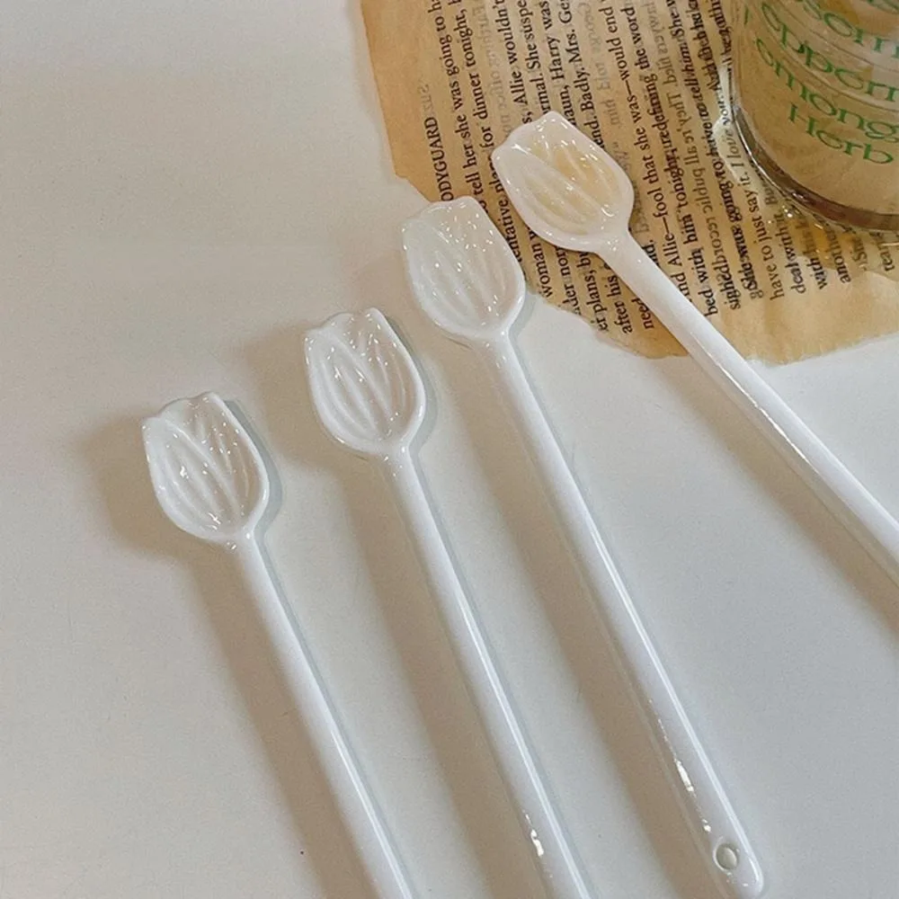 Pure White Coffee Spoon New Household Tulip Shape Stirring Rod Relief Ins Style Ceramics Dessert Spoon