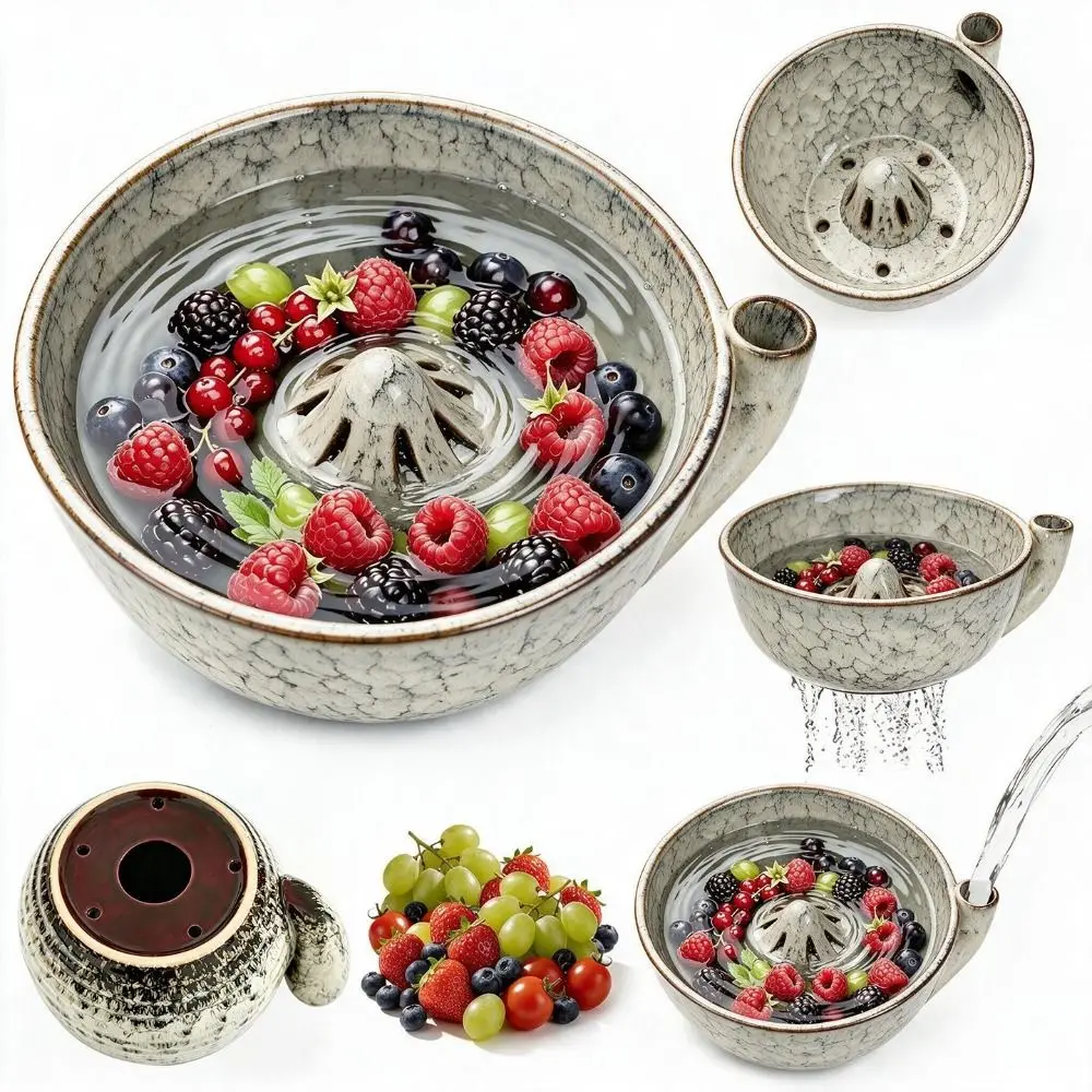 Auto Swirl Ceramic Swirling Berry Bowl Drain Holes Vintage Fruit Washing Bowl Easy Clean Self Rinsing Produce Cleaner Berries