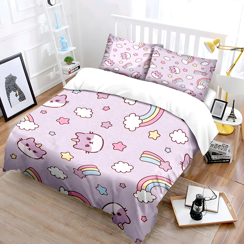 

Cute unicorn cats stars and rainbow background Bedding Set 1Duvet Cover 2Pillowcases for Adult Children Luxury Gift Full Size
