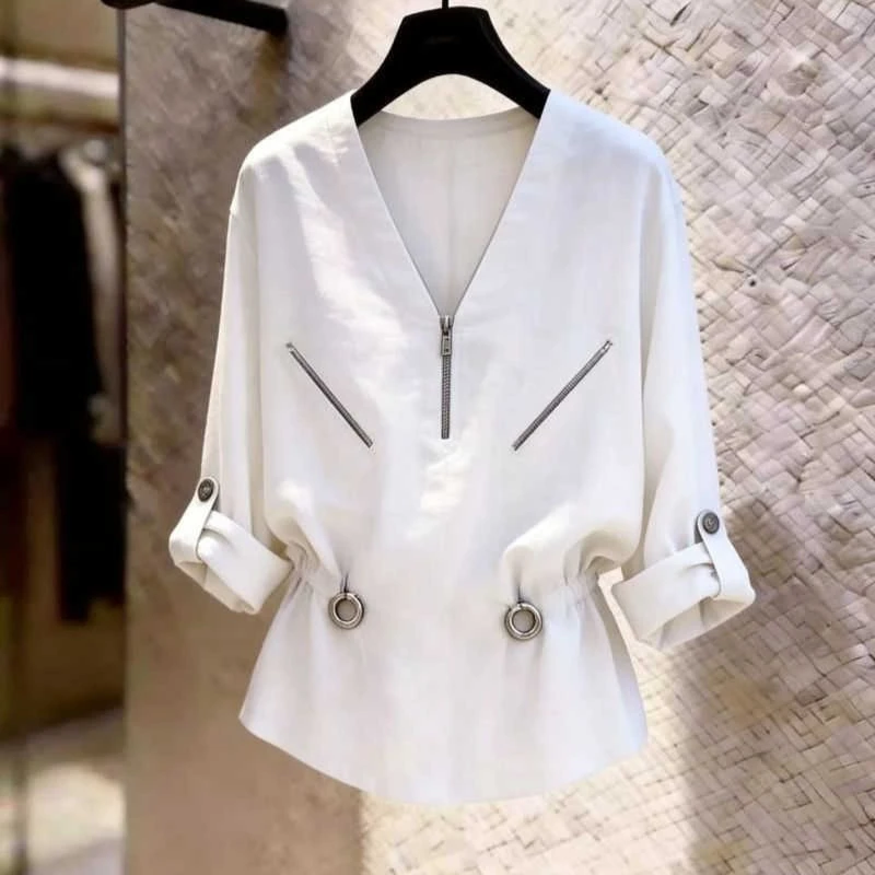 Fashionable 2026 New Summer Women's Shirt Blouse Top Gentle Circular Hollow Splicing Zipper Design Mid Sleeve V Collar Shirt