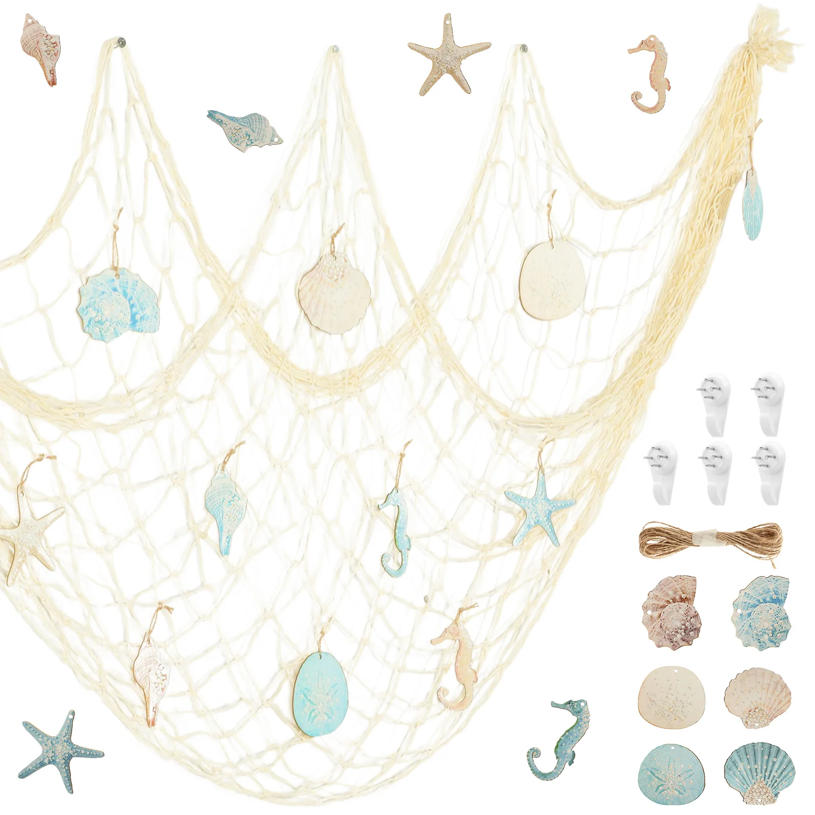 13Pcs Nautical Fishing Net Decor Set with 12 Sea Ornament Mediterranean Coastal Wall Decor for Home Beach Themed Party Bedroom