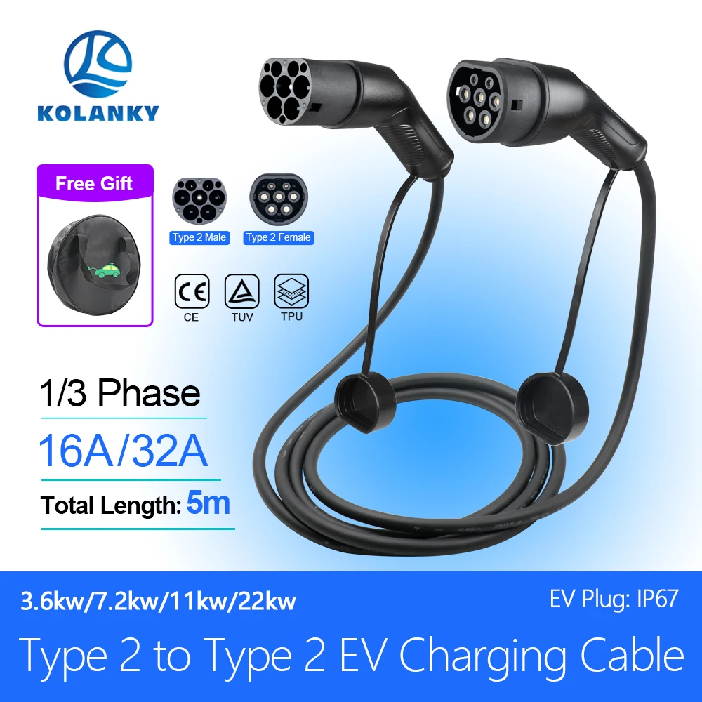 

16A/32A 3P 3.6KW/7.2KW/11KW/22KW EV Charging Cable Type 2 EVSE Public Charging Station Female to Male Plug With EV Cord 5M