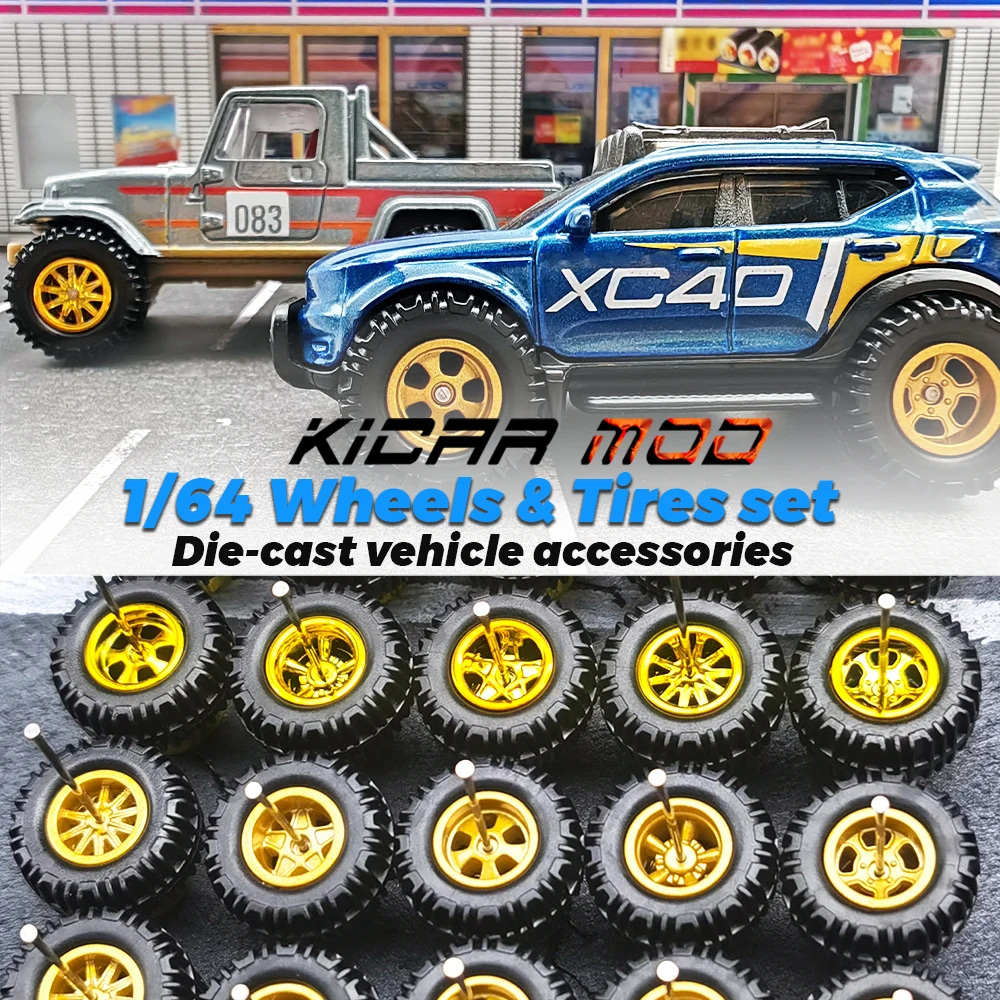 KicarMod 1/64 Monster Truck Off-Road Model Car Wheels for 1:64 Large Size D: 0.67In Rubber Tires Set for Hot Wheels Car Toys