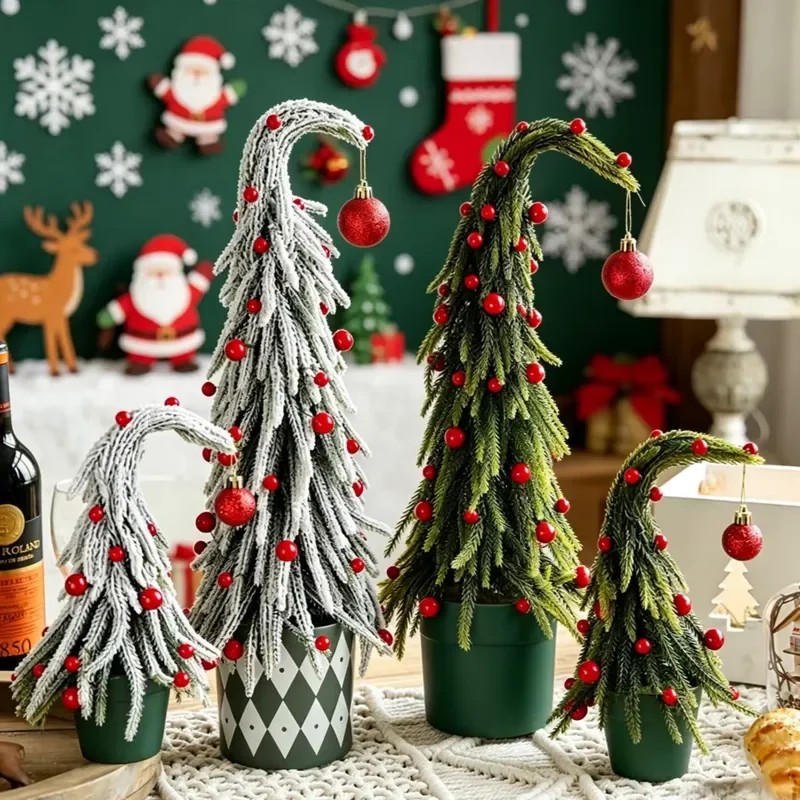 SPRING PLANTING Table Christmas Decorations Little Christmas Tree with Crooked Top and Red Ball Mini Christmas Tree