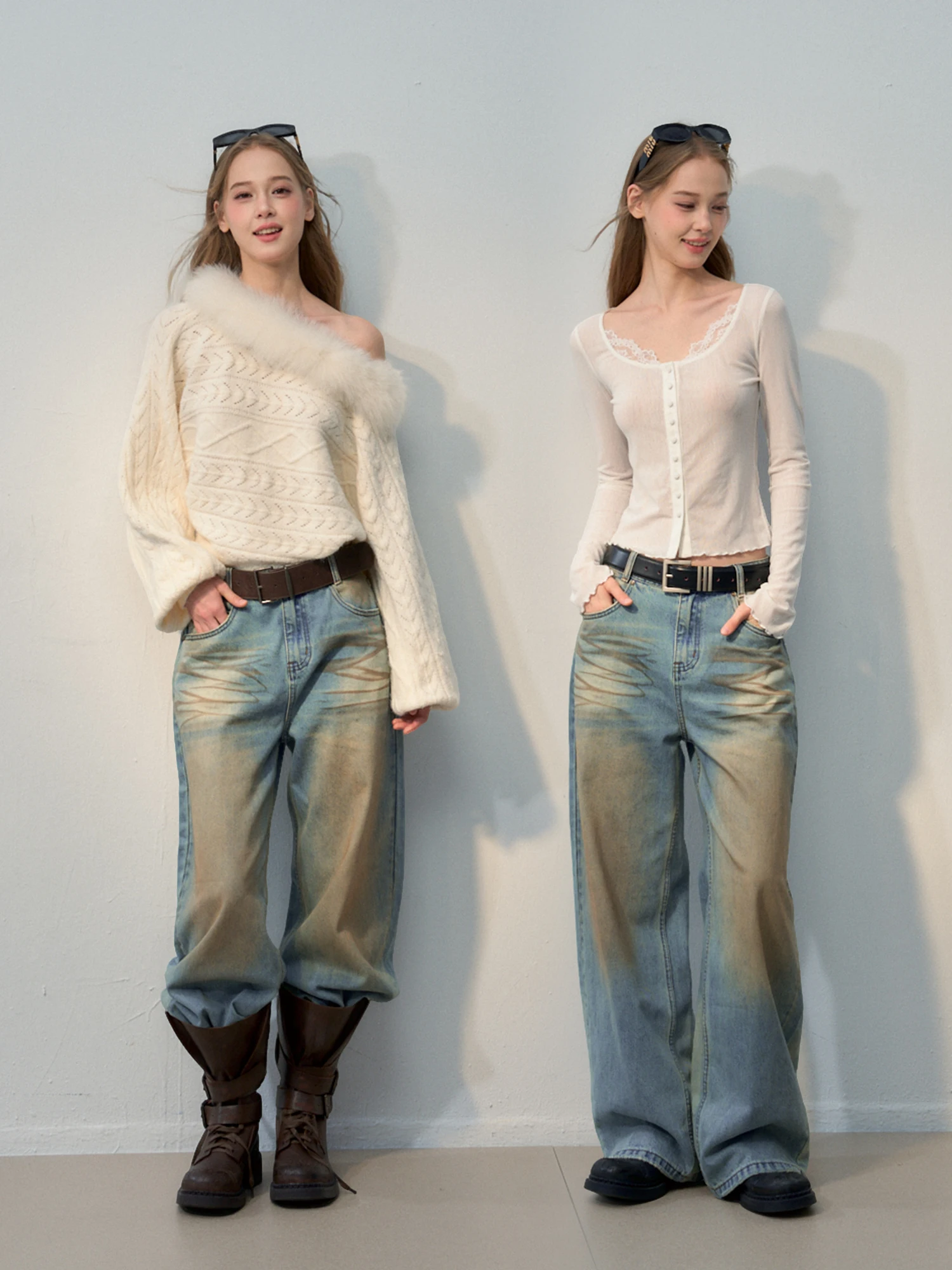 RECOIN R1C Vintage Distressed Light Blue Loose Women's Jeans High Waist Wide Leg Pants Autumn Season Breathable Comfortable