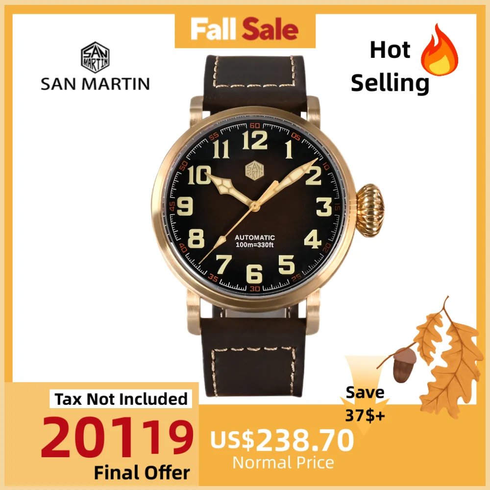 

San Martin 40/45mm Bronze Mechanical Wristwatch Men Automatic Watch Pilot YN55A 10Bar Luminous Sapphire Classic Luxury SN0095