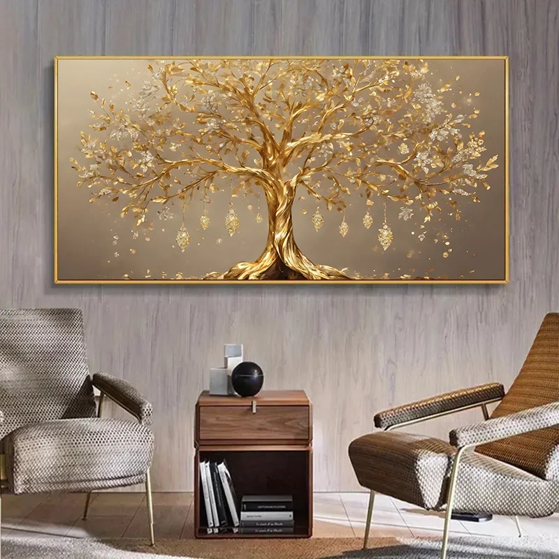 Frameless Canvas Painting2D Plane,Frameless Oversized Modern Abstract Golden Tree Canvas,Luxury Living Room Decor,Simple Beige A