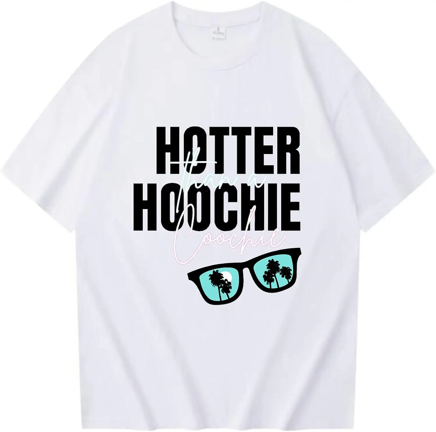 Hotter Than A Hoochie Coochie T-Shirt Sunglasses and Coconut Tree Silhouette New Fashion Top Tees