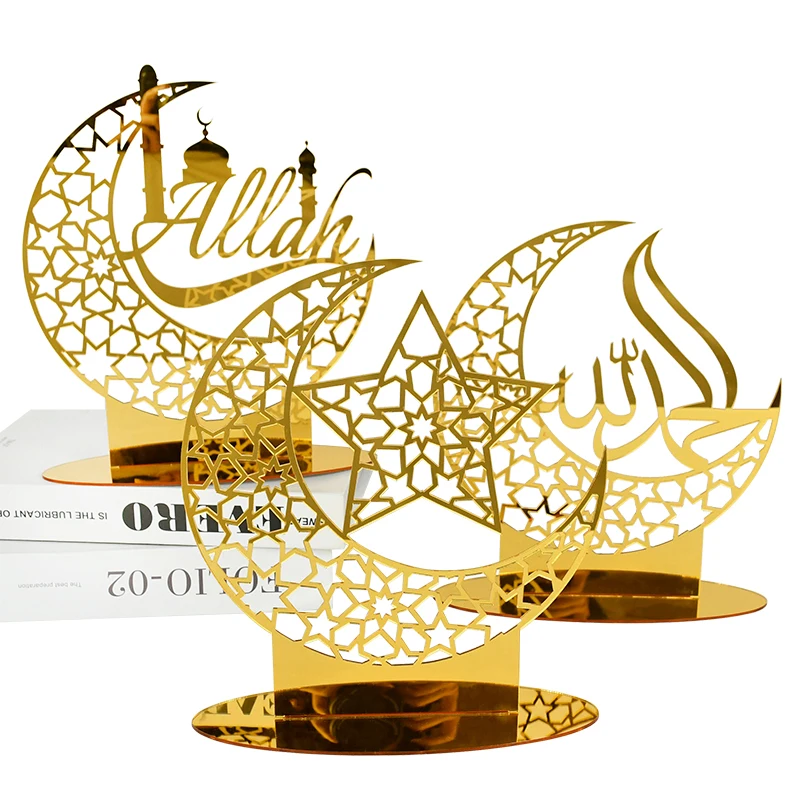 Golden EID Mubarak Acrylic Table Ornament Ramadan Kareem Moon Star Decor For Home Islamic Muslim Festival Party Supply EID Gifts