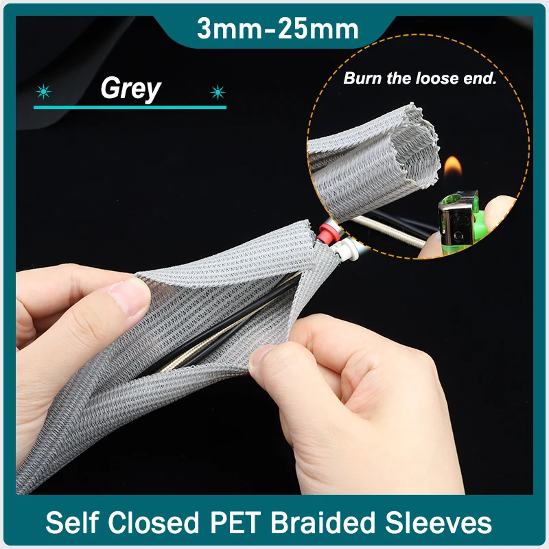 1-50m Grey Self Closed PET Braided Cable Sleeves Hardness Insulated Wire Line Protector Wrap Sheath Split Loom Wire Organizer