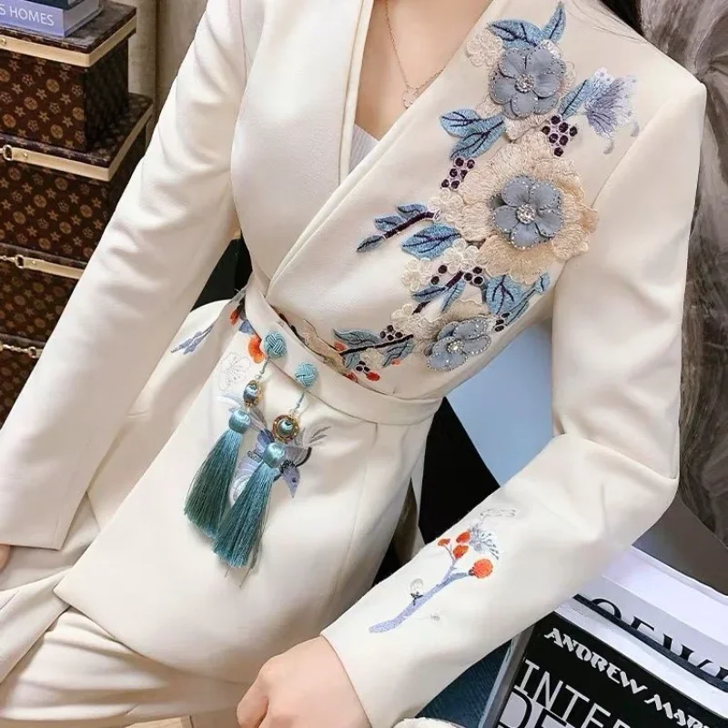 Vintage Women Spring Autumn 3D Floral Embroidery Suit Coat V-Neck Flowers Blazers Cardigan with Tassels Belt + Loose Long Pants