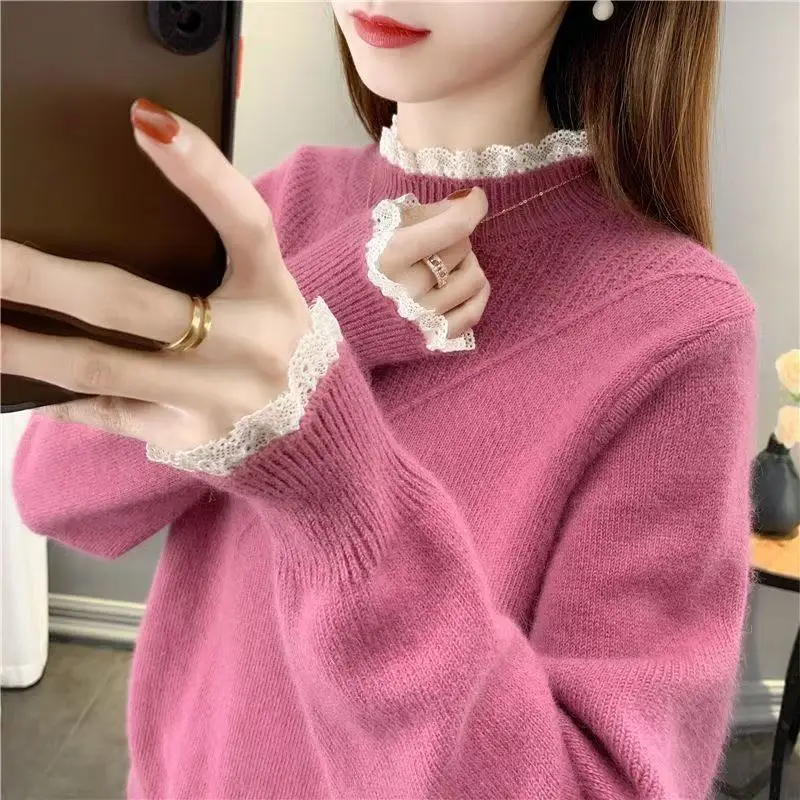 Pullovers Women Mock Neck Lace Patchwork Design Elegant Tender Sweet Colleges Autumn Sweaters Leisure All-match Female Lovely