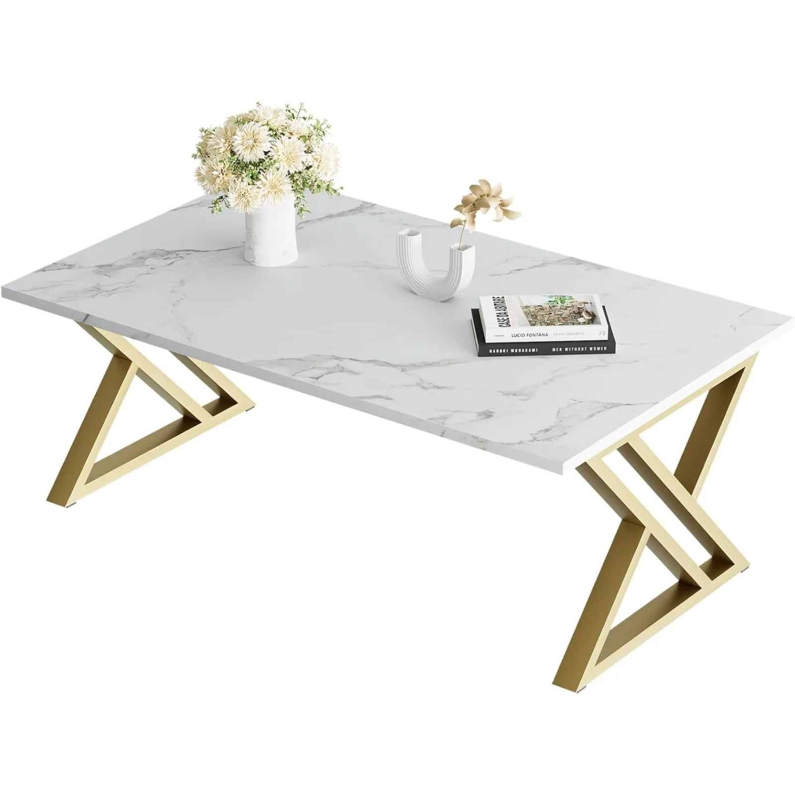 

US Coffee Table Living Room Table White Center Table, Simple Modern Faux Marble Rectangular Tea Table with Sturdy Gold