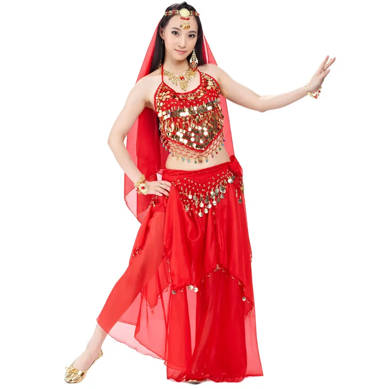 Indian Costume Set 2/3/5 pieces Belly Dance Veil Top Coins Hip Scarf Skirt Costume Women Bollywood Egyptian Dancing  Adult Set