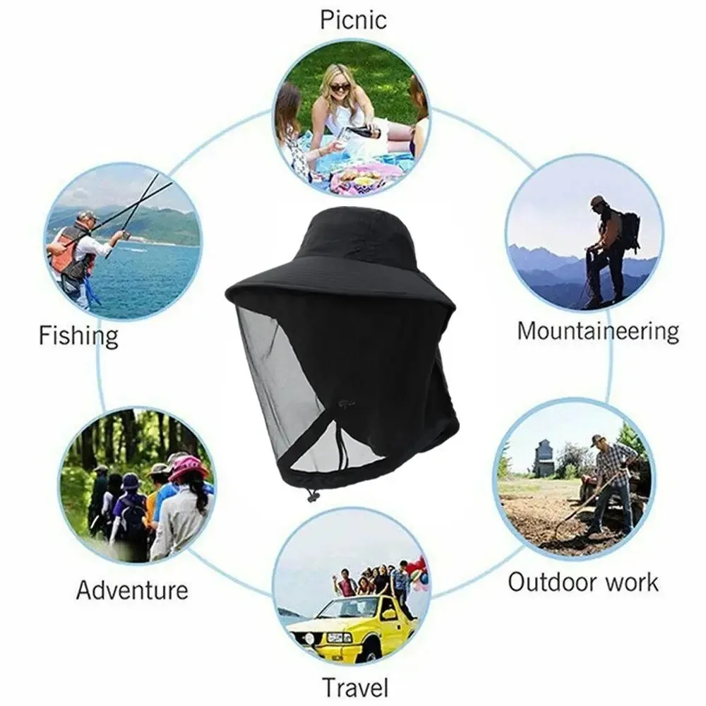 

Wide Brim Fishing Hat with Face Mask Mosquito Net UV Protection Breathable Mesh Bug Insect Shield Hiking Camping Outdoor Cap