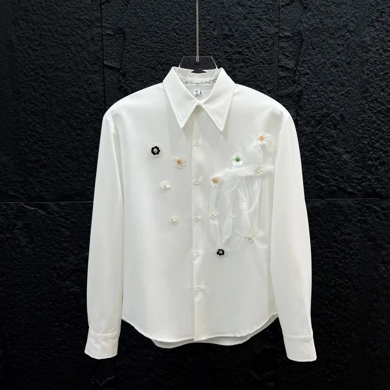 WVGA Spring Autumn New Men Sequined Three-dimensional Floral Long Sleeved Shirt Niche Chic Casual Mesh Ribbon Design Tops W25565