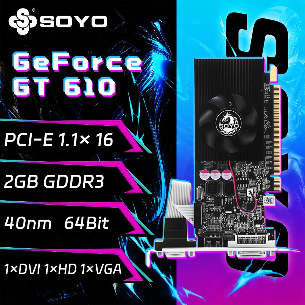 SOYO Graphics Cards NVIDIA GeForce GT 610 2G GDDR3 64bit  HDMI*1 DVI*1 VGA*1 Video Card For Desktop Gaming Computer GPU GT 610