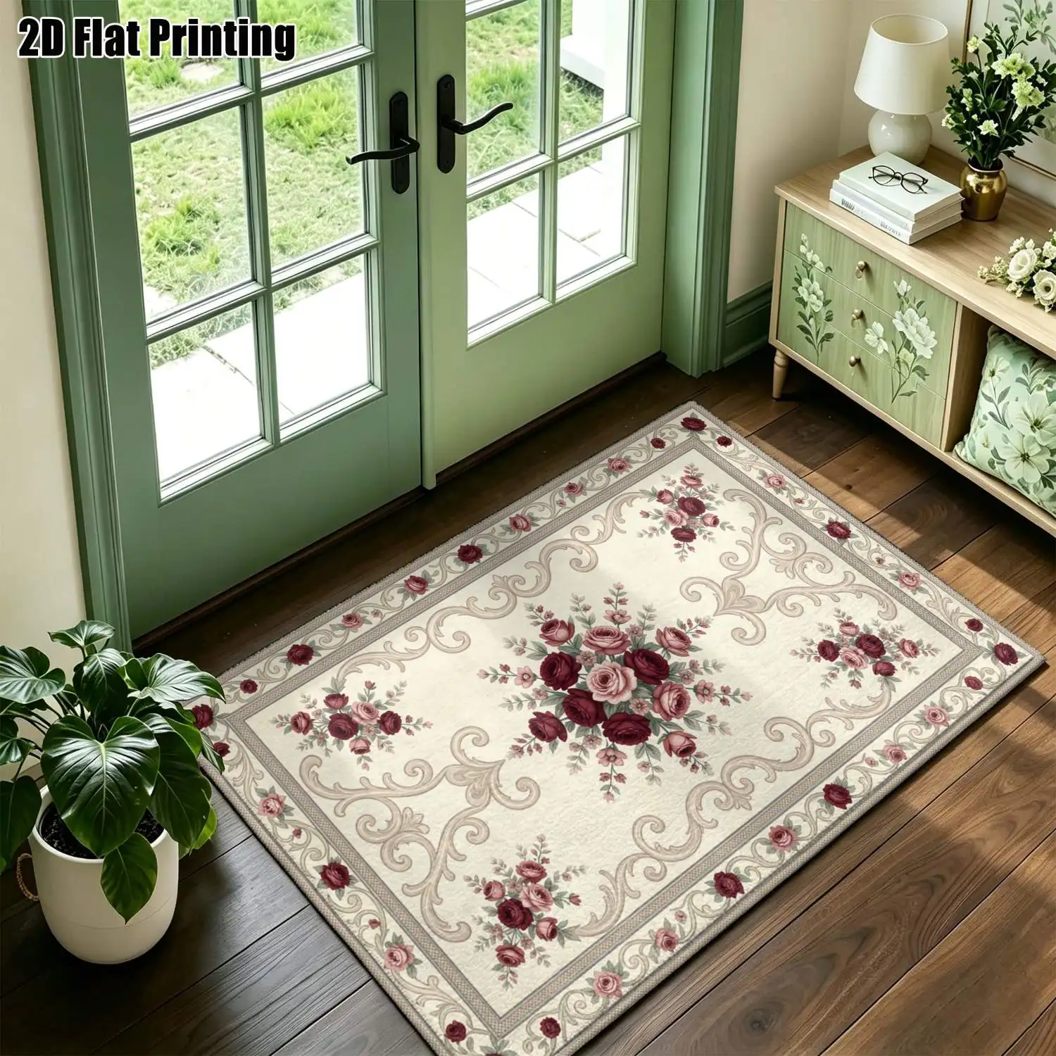1Pc 2D Printed Rose Pattern Wine & Powder Carpet, European Vintage Home Decor, Machine Washable, Multi-Size, Multi-Use Floor Mat