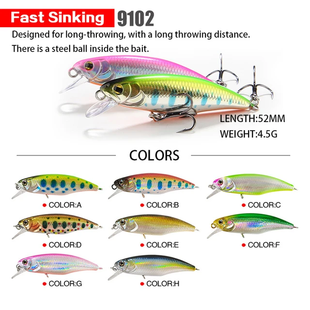 Japońskie przynęty wędkarskie typu sinking minnow, 52mm 4.5g, jerkbait, na okonia, szczupaka, karasie, wobler, swimbait, profesjonalne twarde przynęty.