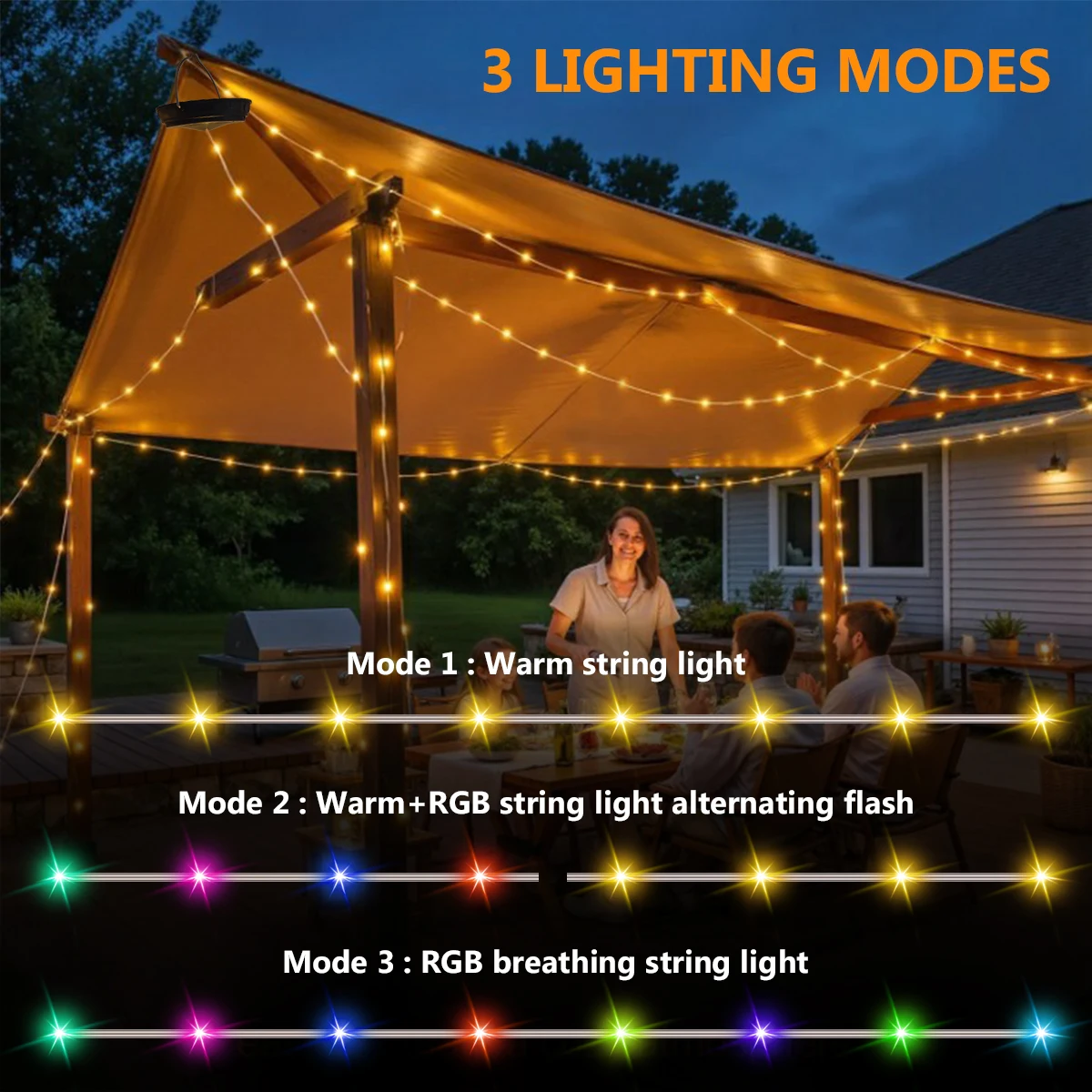 Camping String Light Solar /USB Rechargeable Waterproof Hanging Outdoor Camping Lantern with 3 Lighting Mode Portable Tent Light