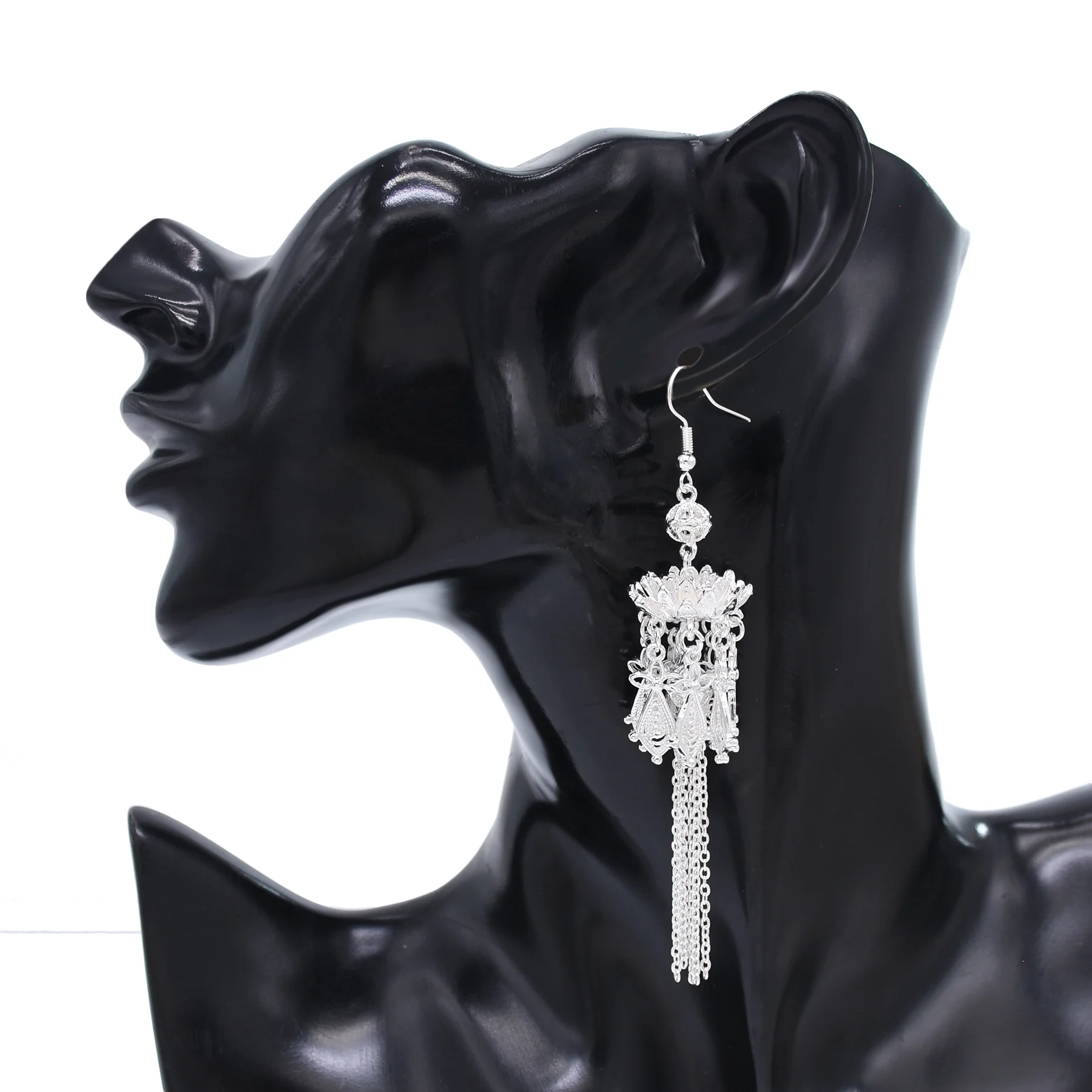 Miao Silver Fish Drop Hanging Earrings Bohemian Ethnic Style Long Hyperbole Tassel Hollow Geometry Jewelry Festival Accessory