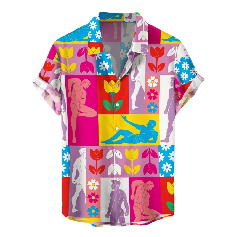 Funny Hawaiian Shirt Men Personality Summer Lapel Button Short Sleeve Shirts Top Street Fashion Oversized Blouse Male Clothing