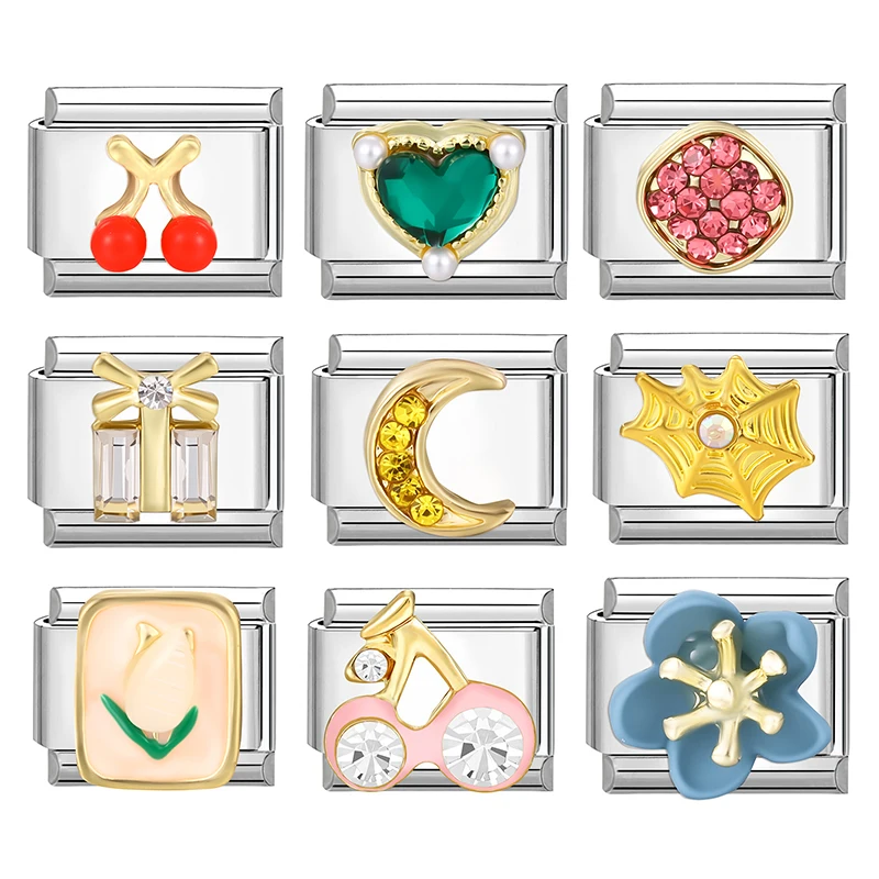 Moda połysk kolorowa cyrkonia wiśnia motyl serce kokarda włoskie koraliki stal nierdzewna Fit 9mm bransoletka bransoletka biżuteria DIY Making