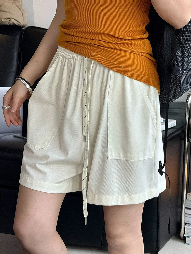 FANAN-pantalones cortos minimalistas con diseño de cordón para mujer, ropa elástica de cintura alta con bolsillos grandes, moda femenina, novedad de verano 2025