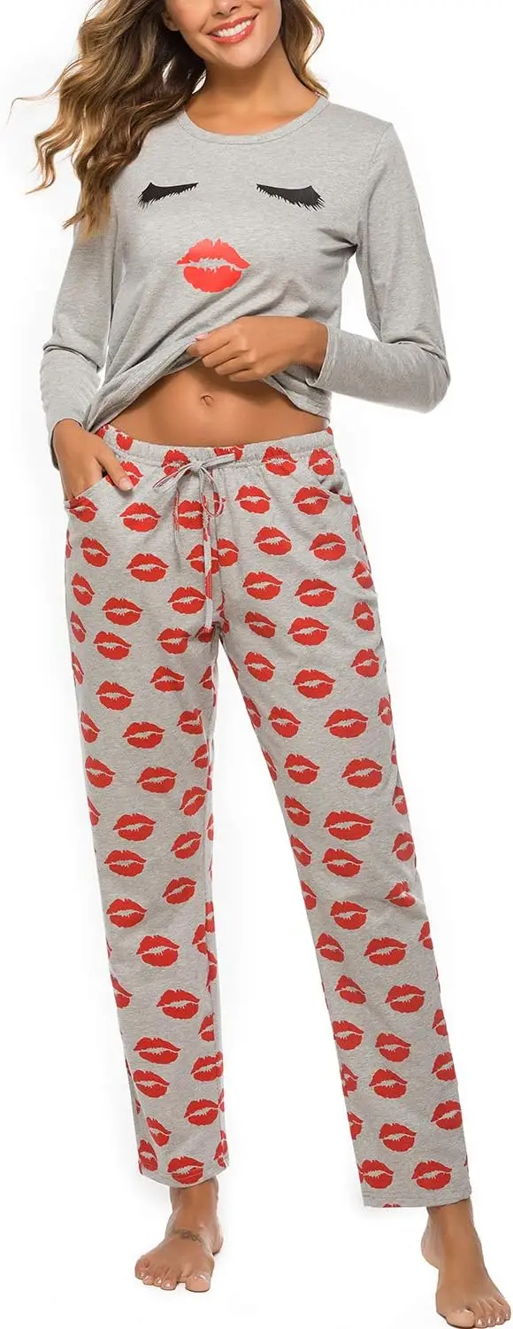 Women's 2 Piece Cotton Long Sleeve Pajamas Set Cute Print Top and Pants Pjs Loungewear Sleepwear Sets