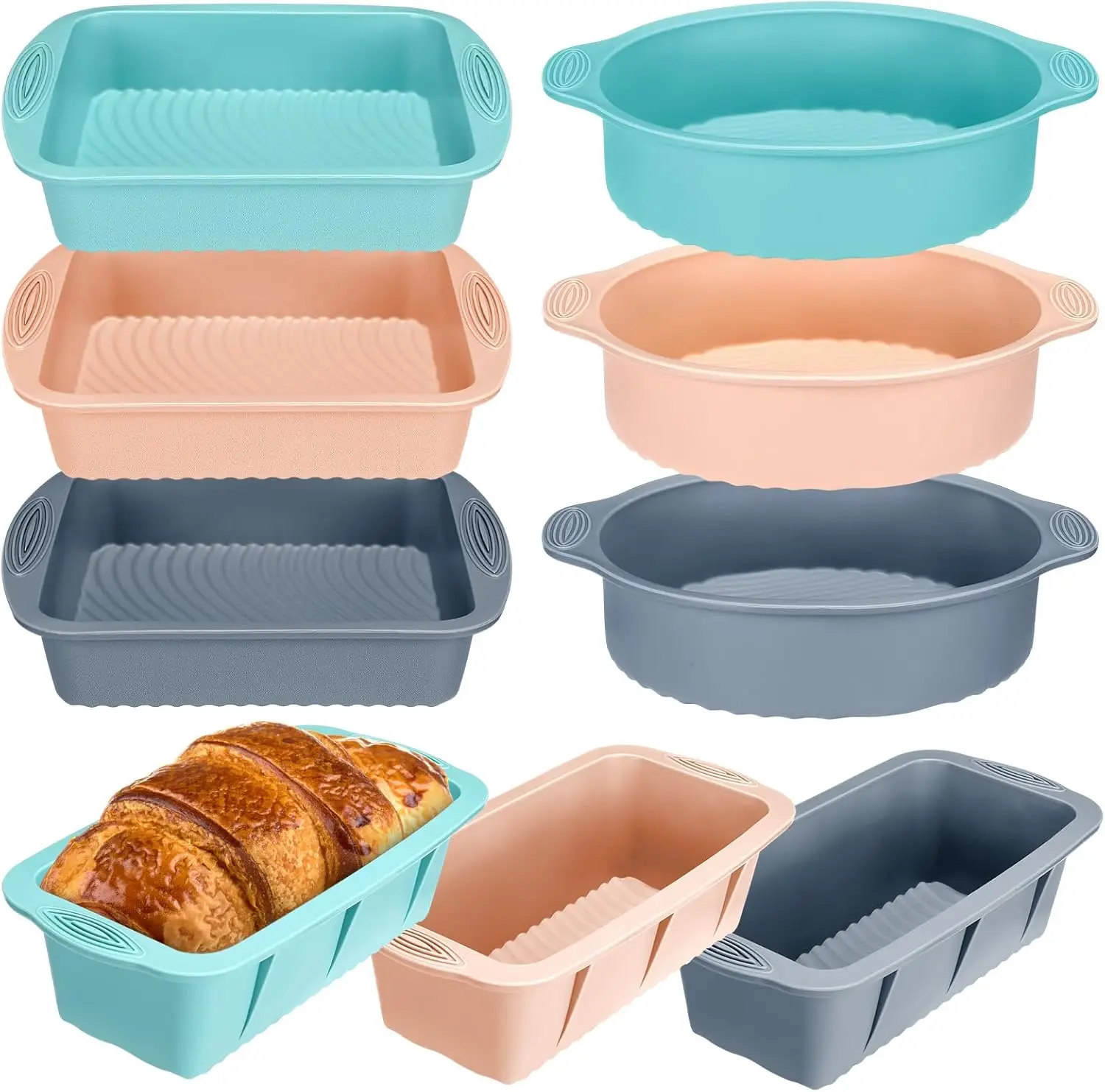 Das Silikon-Backblech-Set enthält runde Silikon-Kuchenblech, quadratische Kuchenblech und Brotform, antihaftbeschichtet, leicht zu lösen und zu wärmen