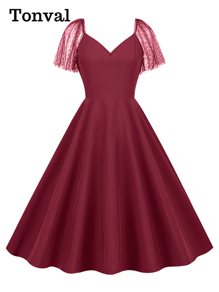 Tonval Elegant Green Plain Birthday Summer Dress V-Neck Mesh Sleeve Evening Cocktail Party Women Vintage Swing Dresses