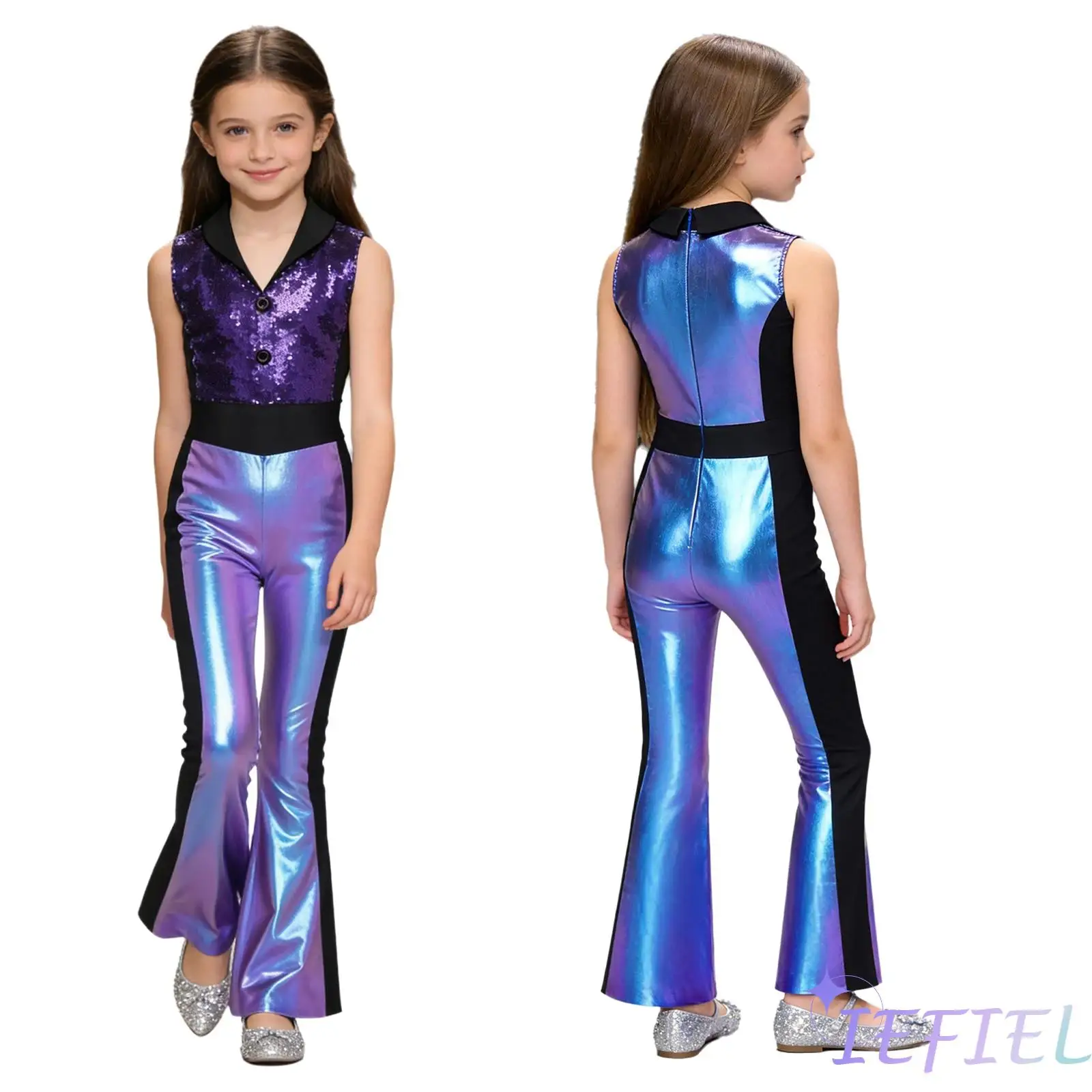 

Kids Girls Jazz Dance Jumpsuit Metallic Shiny Sleeveless Lapel Sequined Bodice Bell Bottom Flared Back Zipper Romper clubwear