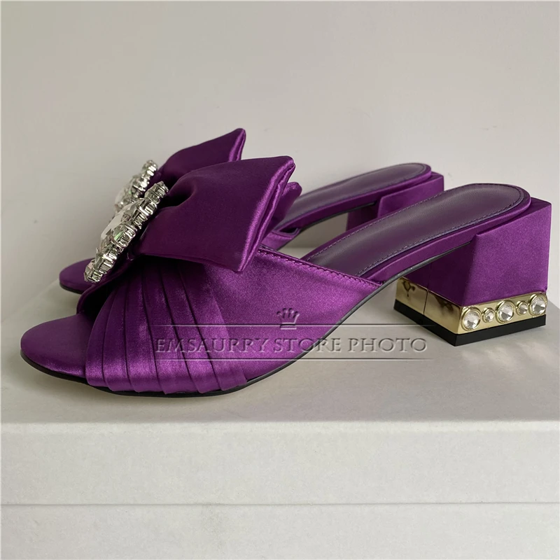 Pleated Satin Butterfly-knot Sandals For Girls Women Jeweled Crystal Square Heel Slingbacks Diamond Rhinestone Mules Lady Summer