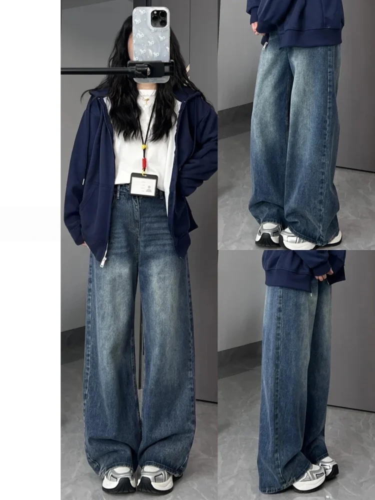 

American Sle High Waist Fce Lined Wide Leg Jeans Women's Spring New Loose Drapey Straight Cut Trousers Casual Wear