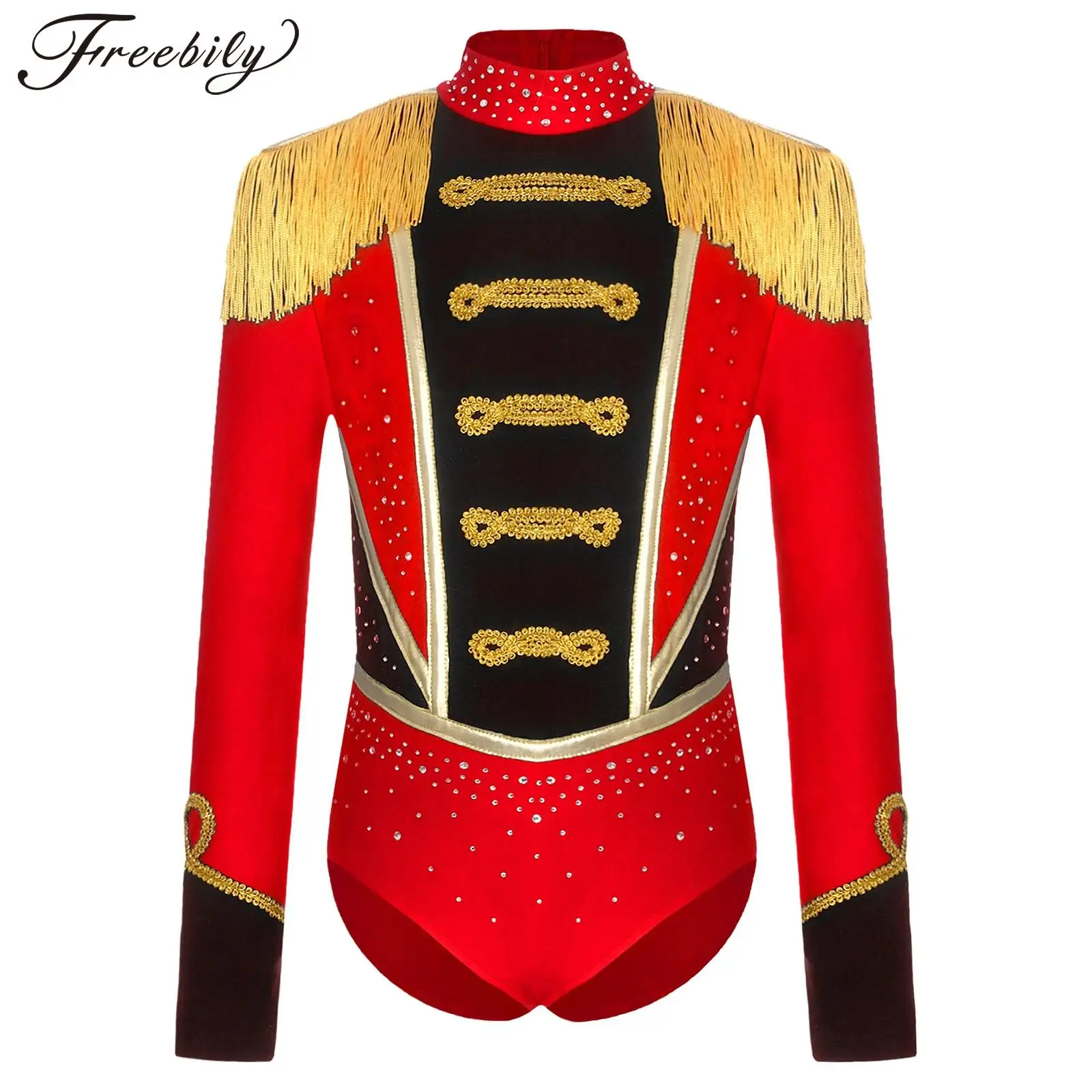 

Girls Circus Ringmaster Showman Cosplay Costume Long Sleeve Rhinestones Ballet Dance Gymnastics Bodysuit for Halloween Carnival