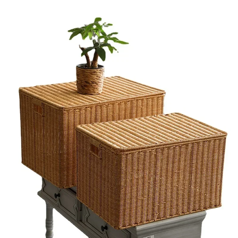 Large Storage Boxes with Cover, Cane Woven Laundry Basket, Breathable Clothes Storage Case, Natural Simple Organizer