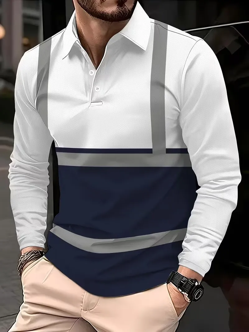 2026 autumn and winter new men's long sleeved POIO shirt, printed casual business flip tie button men's top