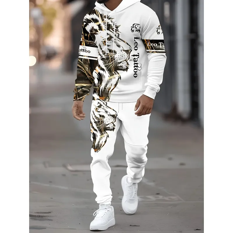2026 Casual Sweater Sweatpants 2 Piece Set Trendy Lion Print Drawstring Outdoor Sportswear Tracksuit Women Men Fashion view 5