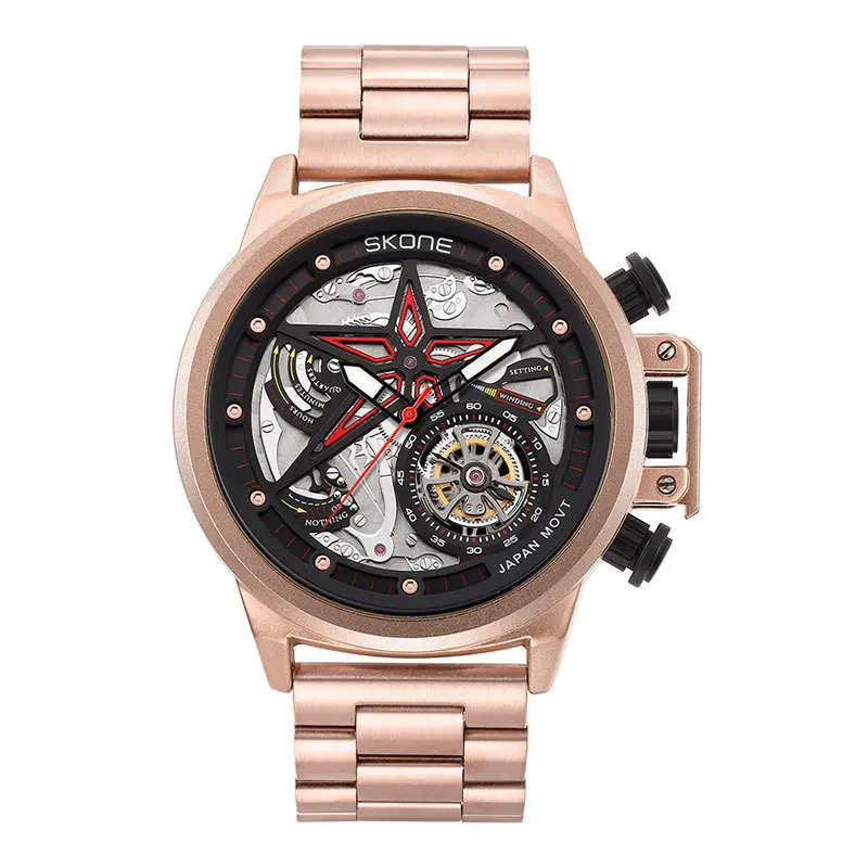 SKONE 기계식 윈드 라이트 럭셔리 대형 다이얼 키네틱 플라이휠 하이 베어링 쿼츠 펜타그램 모양의 다이얼 손목시계