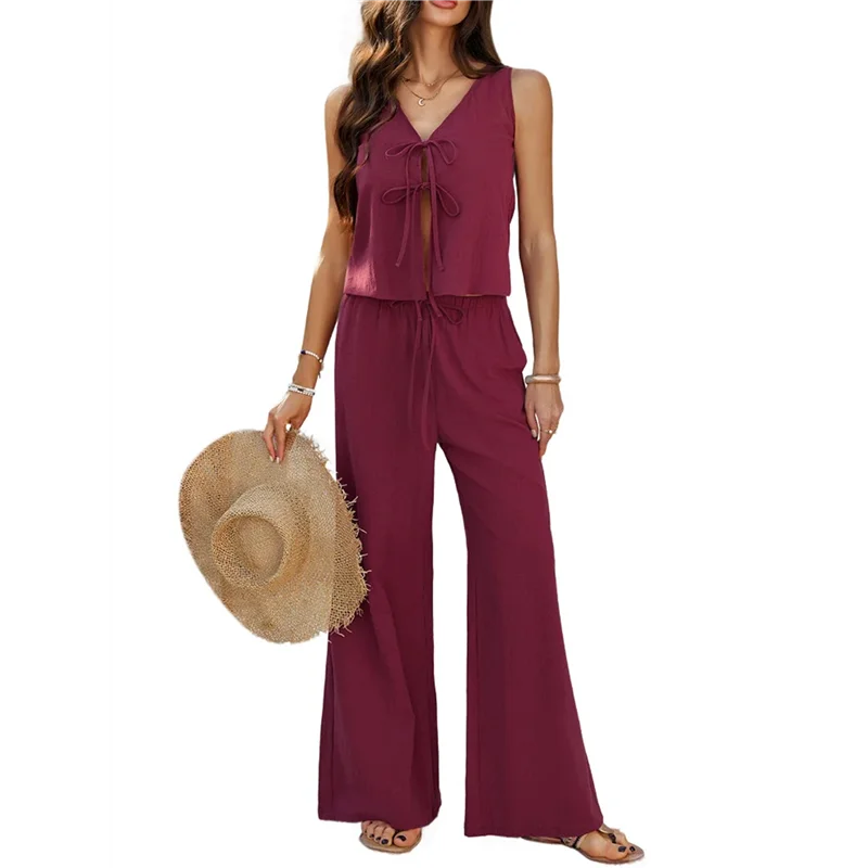 Conjunto feminino de 2 peças com decote em V e gravata na cintura e calças casuais de pernas largas Setsa83x