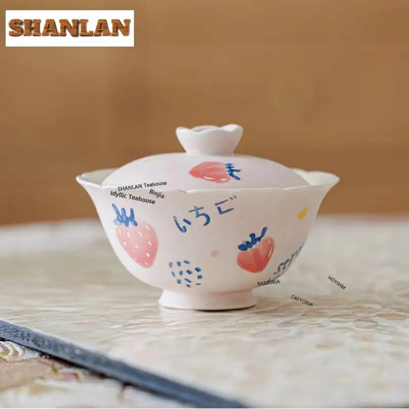 100ml Girly Pink Hand-painted Strawberry Gaiwan Boutique Tea Tureen Tea Bowl With Lid Kit Tea Brewing Cover Bowl Teaware Gifts