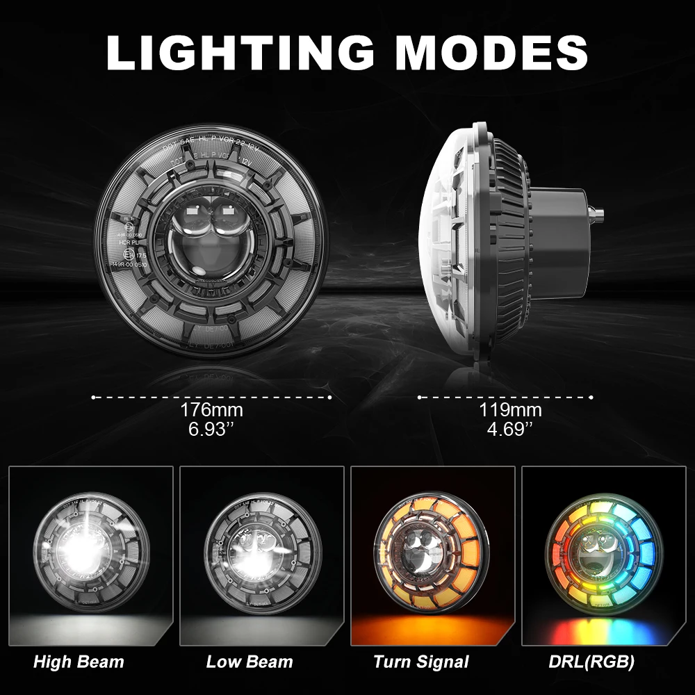 LOYO 7 Inch 60W/pcs  RGB LED Headlights H6024 Headlight with DRL Turn Signal High Low Beam for   Wrangler JK JKU TJ LJ CJ