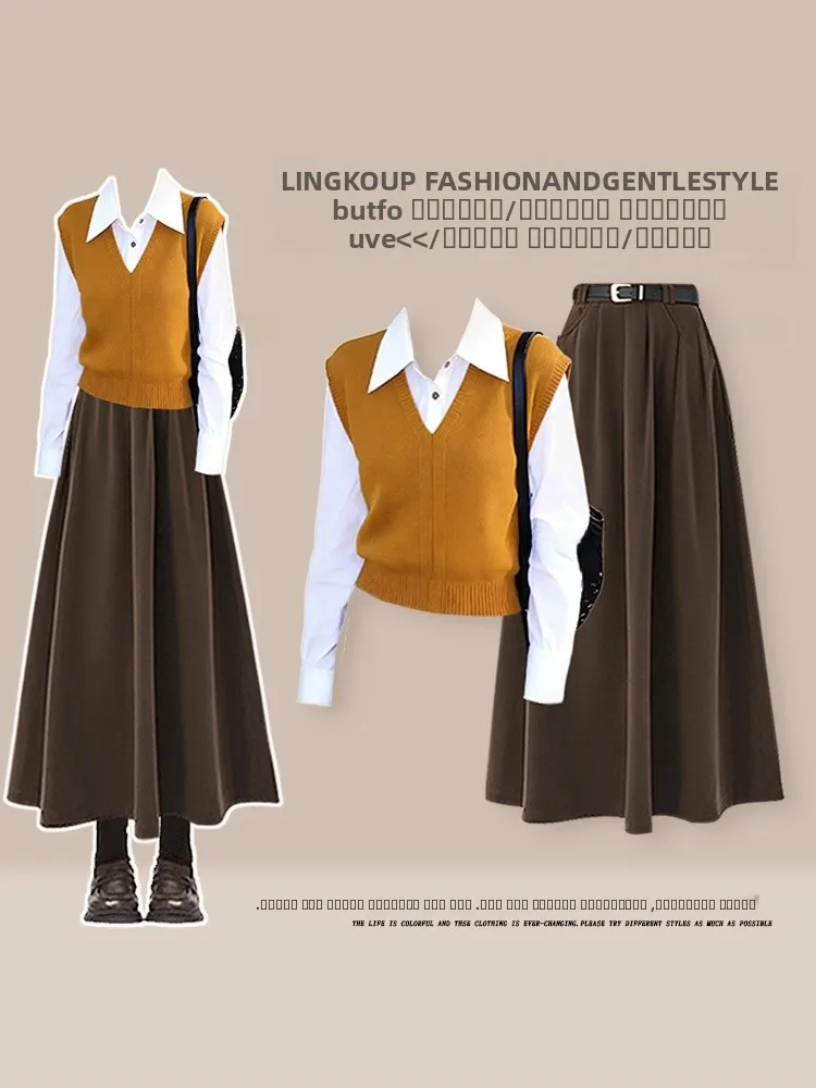 

Корейский женский вязаный комплект: свитер и юбка, осенне-зимний модный ансамбль, винтажная юбка миди, костюм из двух предметов