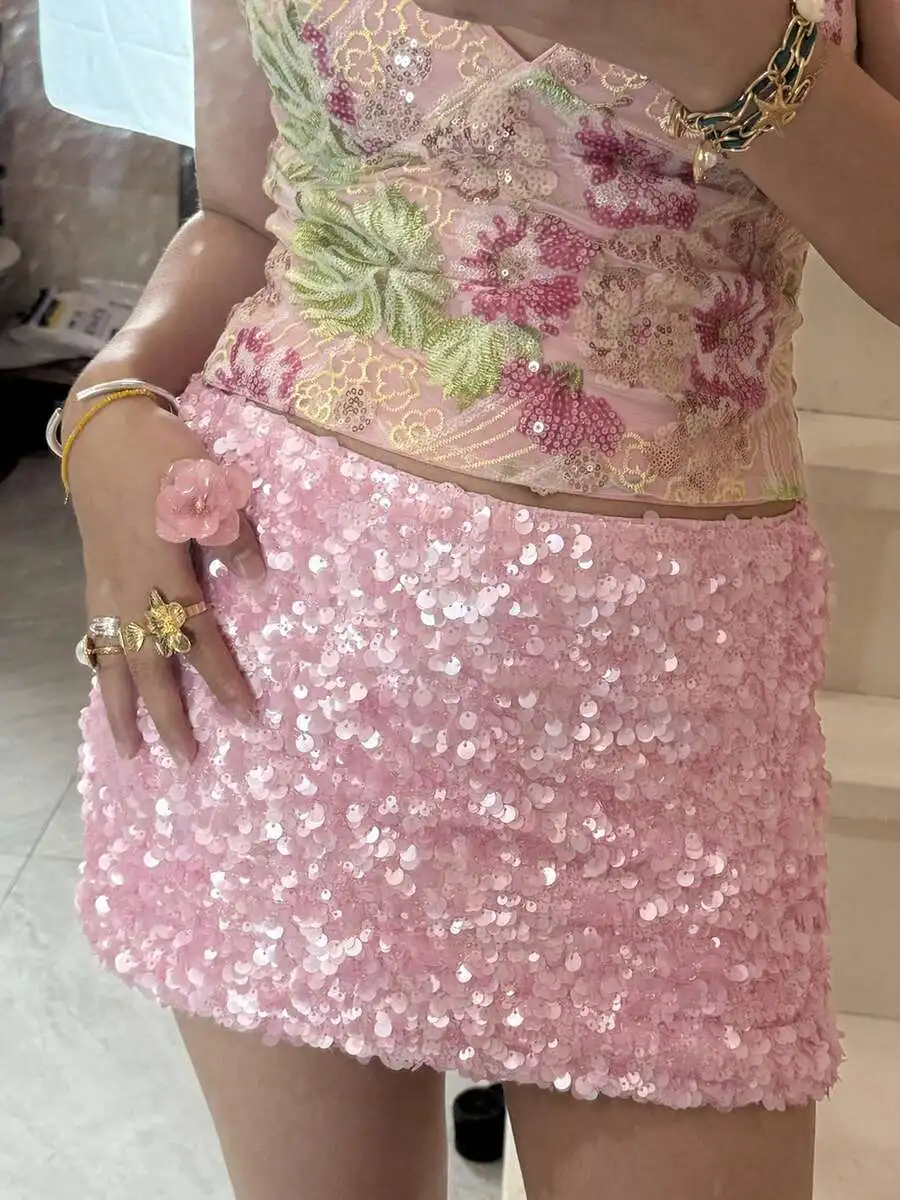 

Womens Pink Sequin Mini Skirt Low Waist Bodycon Pencil Skirt For Party Club Night Out