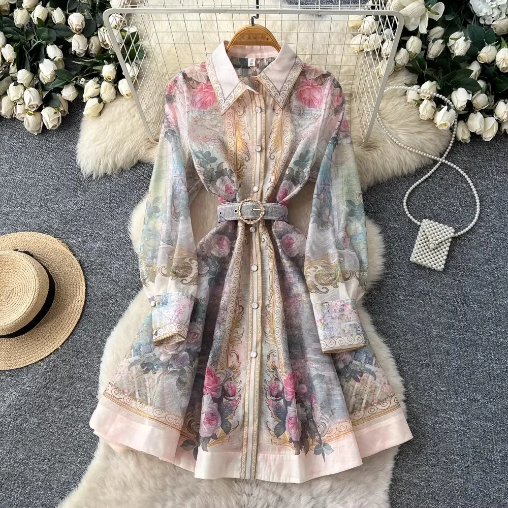 

Elegant Flower Printed Long Lantern Sleeve Linen Mini Dress 2026 Women's Lapel Single Breasted Birthday Party Club Vestidos